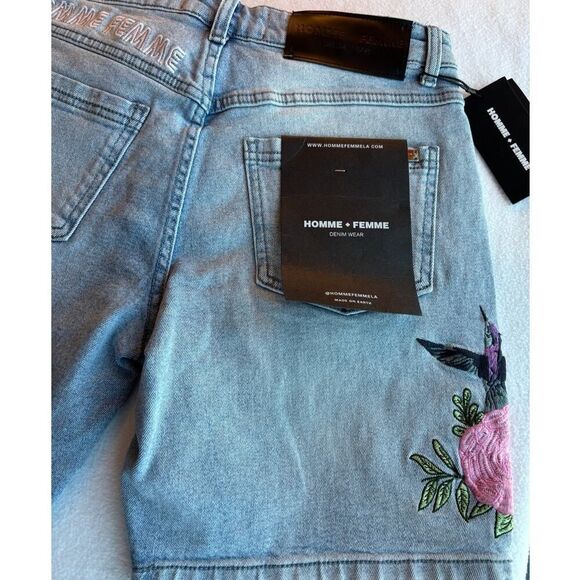 NWT Homme+FEMME Nouveau Paradise Cotton Denim Shorts Embroidered Floral $138 30 - Picture 5 of 7
